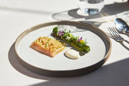 Rezept: Forelle / Rhabarber / Spargel. Pascal Steffen, Koch Restaurant Roots, Basel, 04.04.2022