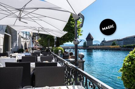 Aussenansicht Sommer Die Terrasse des Restaurants Des Balaces ohne Gaeste. Des Balances Luzern, 1.6.2017 © HO