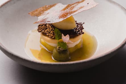 Gericht:Â Kiwi / Pistazie / Burrata / Dinkel Kiwi aus dem Waadt Land mit Burrata, Pistazie und Dinkel.