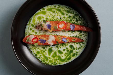 Gebeizter Saibling (AG) Bremgarten: Saiblingsrogen, Apfel, Kohlrabi, Holunder-Fisch-Mayo, Buttermilchsauce mit Liebstöckelöl - Ameo Zuerich - Kuechenchef Julien Mühlebach - Gastgeber Maximilian Dullinger - Januar 2024 - Copyright Olivia Pulver