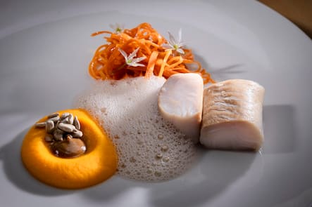 Plat: Brochet, carotte, reine-des-prés & tournesol