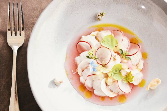 Wolfsbarsch Ceviche, Limette, Stangensellerie, Champignons, Villa Winzerpark, Winzerweg 5, 4123 Allschwil, Koch: Luc Nunninger. Gastgeber: Martial Kastner. 08.06.2022, Foto Lucia Hunziker