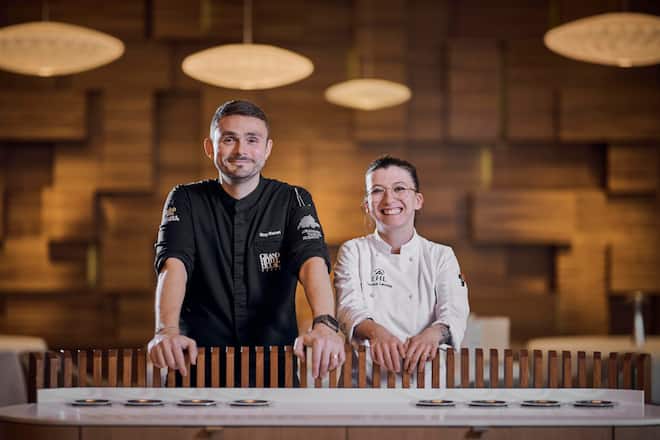 Souper UBS à 4 mains avec Guy Ravet et Lucrèce Lacchio au berceaux des sens à l'EHL, mardi 30 avril 2024 à Lausanne. (© Gabriel Monnet)