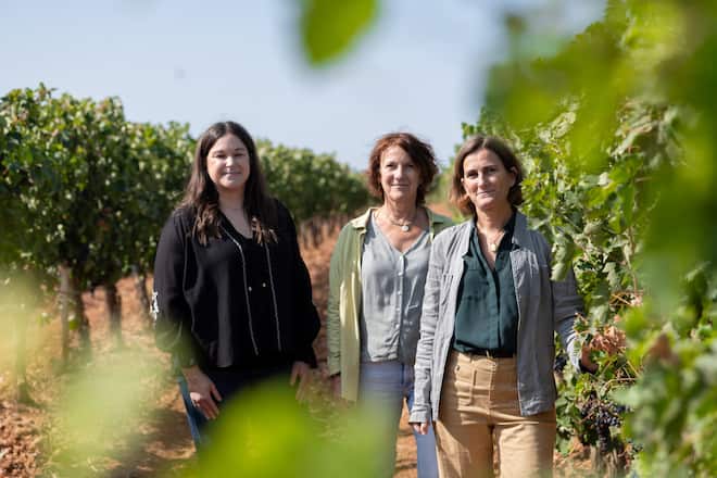 Schwarze Jacke Sara Juan, gelbe Jacke Maria Larrea und graue Jacke Maria Urrutia Ybarra Bodega Bela, Weingut CVNE, Villalba de Duero, Burgos, Spanien