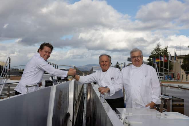 v.l. Matthias Roock, Martin Dalsass, Franz Wiget 2025 Sechshänder mit Martin Dalsass, Franz Wiget, Kevin Fernandez Excellence Gourmetfestival auf der Princess
