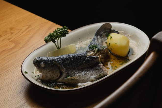 Truite aux fines herbes, Beurre noisette, Hôtel-Restaurant du Doubs in Goumois JU, 22. April 2026, Hôtel-Restaurant du Doubs, 2354 Goumois, JU. Copyright Roy Matter