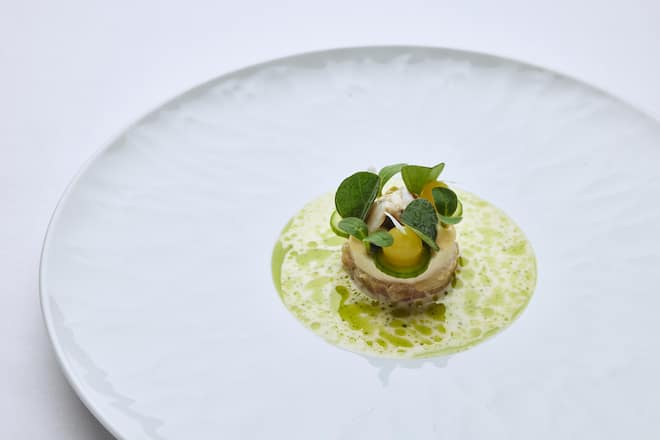 Gault Millau; Maihöfli Luzern - Vorspeise Forelle, Auster, Gurke, Kalamansi