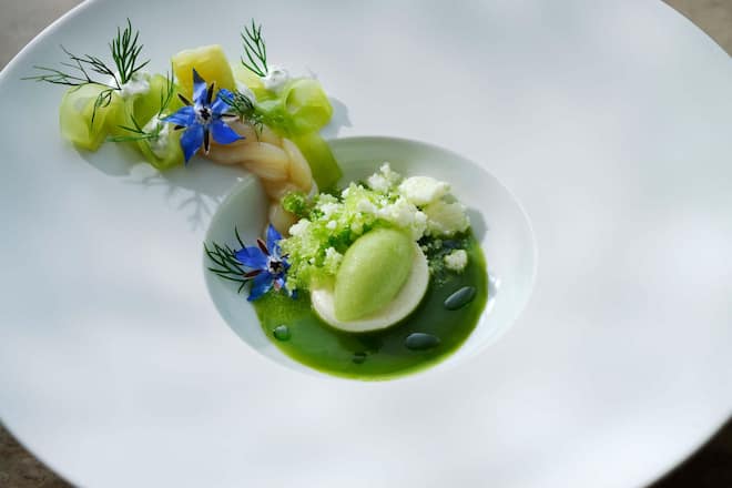 Roh marinierte Schwertmuschel, Gurke, Joghurt