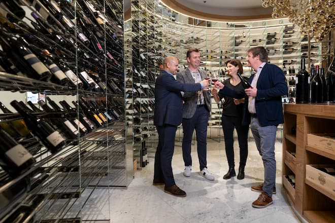 Faszination Pinot Noir, Grand Resort Bad Ragaz, Francesco Benvenuto (l), Martin Donatsch, Annatina Pelizzatti, Andreas Krebs