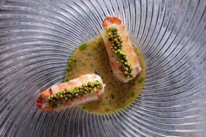 Langoustine, Kokos, Apfel, Koriander by Timo Fritsche, Küchenchef