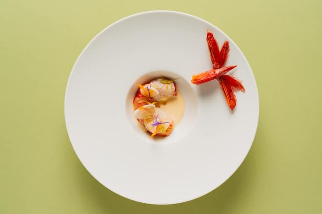 Carabinero "Lauwarm", Creme, Tannenwipfel, Navetten - Le Restaurant - Villa René Lalique, Frankreich - Küchenchef Paul Stradner - 30. Mai 2022 - Copyright Olivia Pulver