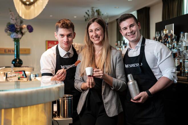 Epicure Masterclass Iced Coffee, Dolder, Matthieu Doucet (l), Tanja Gertschen (m), Tassos Boskos (r)