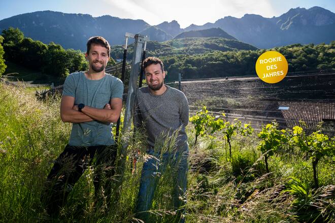 Martino und Gabriele Bianchi im Weinberg vor dem Monte Generoso