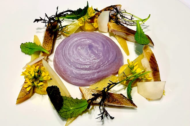 Geräuchter Egli mit lila Kartoffeln & Cardon