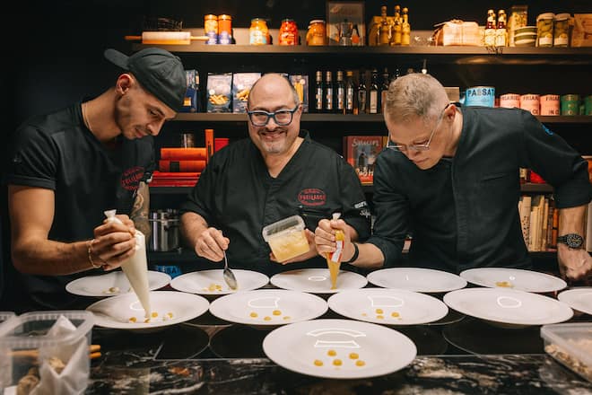 06.11.2025, Zürich, Restaurant Freilager, La Cucina Colaianni, Fabio Vulcano, David Schnapp und Antonio Colaianni (photo by Remy Steiner for Gault Millau)