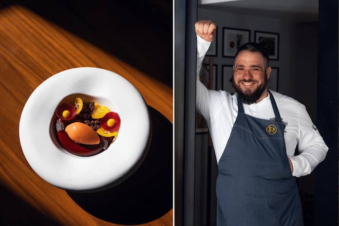 Romain Paillereau sein Dessert mit Schokolade, Rande, Zitrusfrüchten & Shiso.