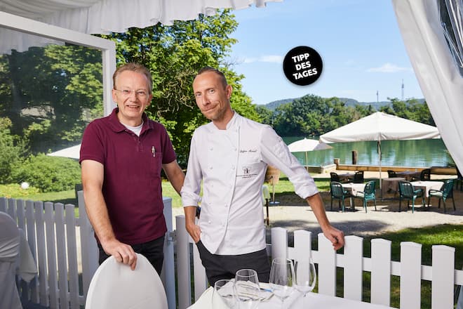 Pavillon im Park am Ufer des Rheins, Gasthof Solbad, Rheinfelderstrasse 2, 4133 Schweizerhalle, Gastgeber Rolf Rentsch (l.), Küchenchef Stefan Minsel, 09.07.2020, Foto Lucia Hunziker