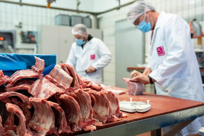 Simon Grimbichler (Jungkoch) besucht SUISAG, in Sempach (Kompetenzzentrum der Schweinebranche), Knochen, die ums Nierstuck herum weggeschnitten wurden