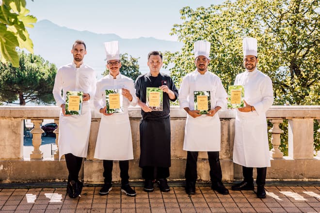 von links:Kévin Vaubourg (Anne-Sophie Pic), Guillaume Soares (Café Beau-Rivage), Masaki Nagao (Miyako), Pao Chan (Grill 57), Filippo Tawil (L'Accademia), 2022
