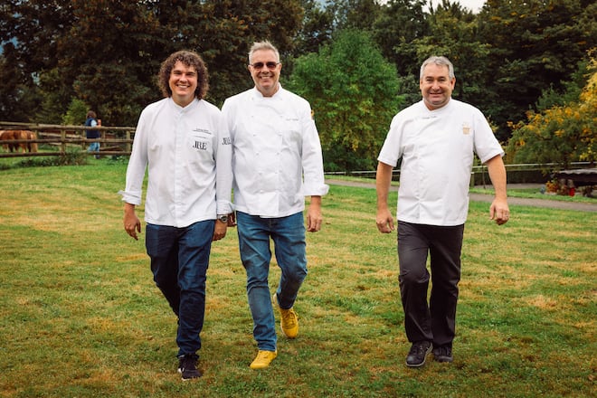 08.09.2025, Meggen LU, Restaurant Balm, Partnertreff JRE, Dominic Bürli, Beat Stofer und Philipp Felben (photo by Remy Steiner for Gault Millau)