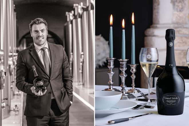 Mann im Anzug und festlich gedeckter Tisch mit Champagnerflasche