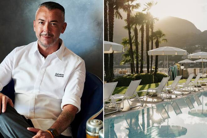 Portrait eines Mannes auf der linken, Pool mit Palmen auf der rechten Seite