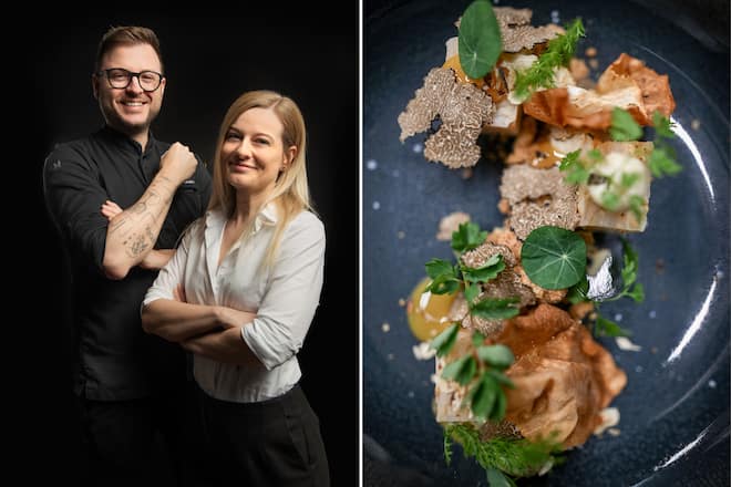 Sonja & Claudio Natale, Sellerie-Millefueille mit konfiertem Eigelb, schwarzem Knoblauch & Trüffel.