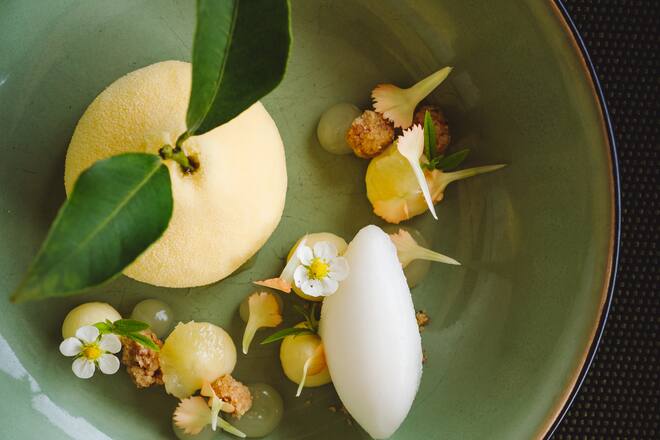 Zitrone gefüllt mit Zitronenmousse mit veganer Schokolade von Felchlin, Yuzugel, Roiboos und Quinoa (alles vegan) von Patissier Lorzeno Catanzani - Giardino Ascona - Restaurant Hide&Seek - Chefkoch Adrian Bührer - Ayurvedische Küche - 18. Juni 2020 - Copyright Olivia Pulver