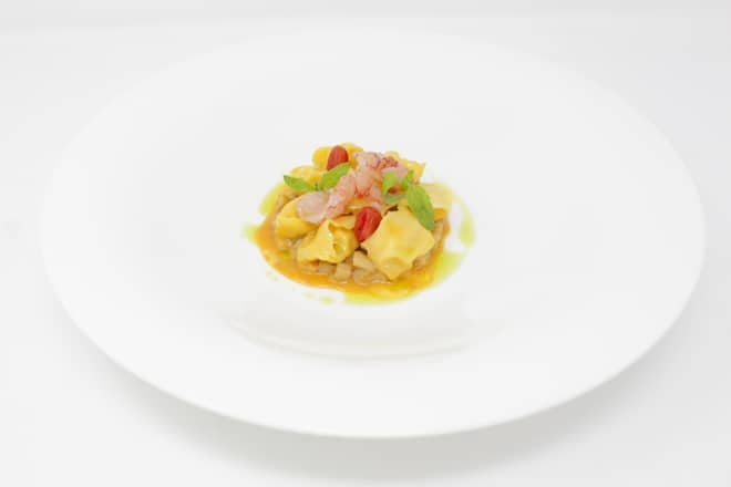 Plin di grano Kamut, gamberi viola del Mar Ionio e trippa di vitello