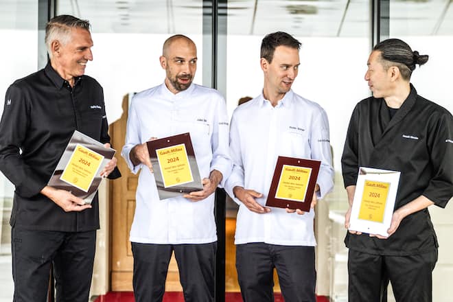 28.08.2023 - Zürich - Hotel des Jahres Dolder Grand. Gault Millau 2024, v.l Heiko Nieder mit seinem Kochteam v.l Julian Mai mit Atsushi Hlraoka und Robin Briner