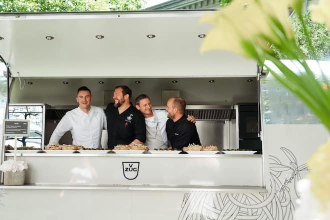 Amuse-Bouches Crew: Romain Dercile, Pascal Steffen, Patrick Mahler, Tobias Funke - GaultMillau Garden Party 2023 - Bad Ragaz - 13. August 2023 - Copyright Olivia Pulver
