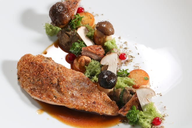 suprême de faisan rôti, sauce salmis et cèpes de châtaigniers.