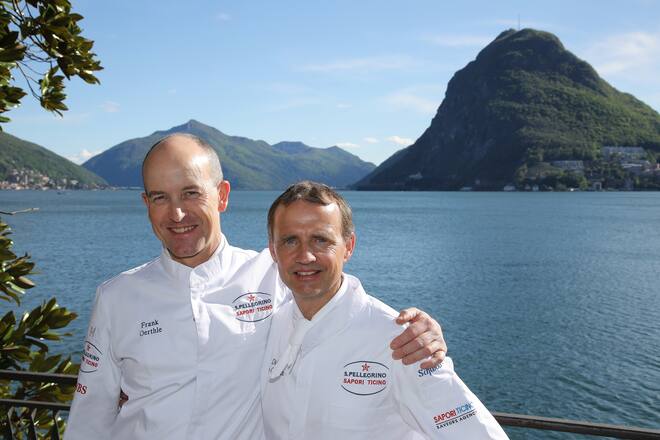 LUGANO, 28.04.2019 - Chef Frank Oerthle & Chef Didier De Courten. S. Pellegrino Sapori Ticino 2019 'Official Night Didier De Courten': Frank Oerthle meets Didier De Courten (Le Terminus, Sierre) at Ristorante Galleria Arte al Lago, Lugano.copyright by www.steineggerpix.com & www.saporiticino.ch 2019 / photo by remy steinegger+++ no resale / no archive +++