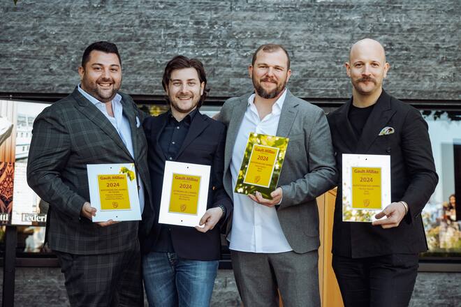 Koch des Jahres Party - Restaurant Mammertsberg - Aufsteiger des Jahres - Federico Palladino, Ilario Colombo Zefinetti, Pascal Steffen und Markus Stéckle