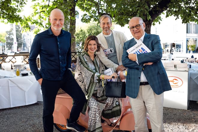15.06.2026, Zâºrich, Restaurant Terrasse, Bella Italia 2026, Marc Walder, Nicole Knecht, Alessandro Seralvo und Urs Heller (photo by Râ©my Steiner for Gault Millau)