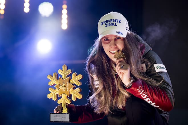 Gold medalist Camille Rast of Switzerland celebrates during the medals ceremony of the women's Slalom race at the 2025 FIS Alpine World Ski Championships, in Saalbach-Hinterglemm, Austria, Saturday, February 15, 2025. (KEYSTONE/Jean-Christophe Bott)