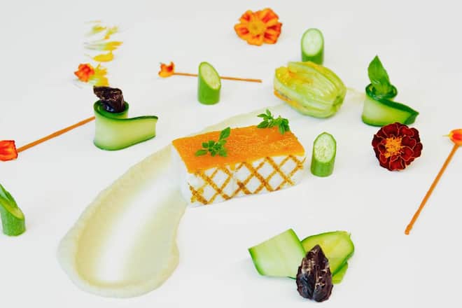 Turbot grillé et fleur de courgette farcie par Cédric Bourassin