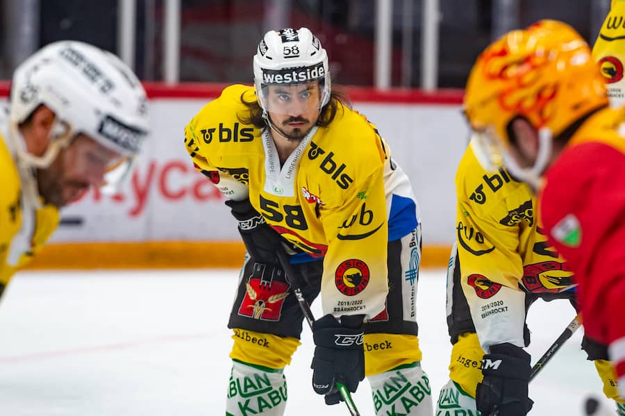 LAUSANNE, SWITZERLAND - FEBRUARY 25: #58 Eric-Ray Blum of SC Bern looks on during the Swiss National League game between Lausanne HC and SCL Tigers at Vaudoise Arena on February 25, 2020 in Lausanne, Switzerland. (Photo by RvS.Media/Monika Majer/Getty Images)