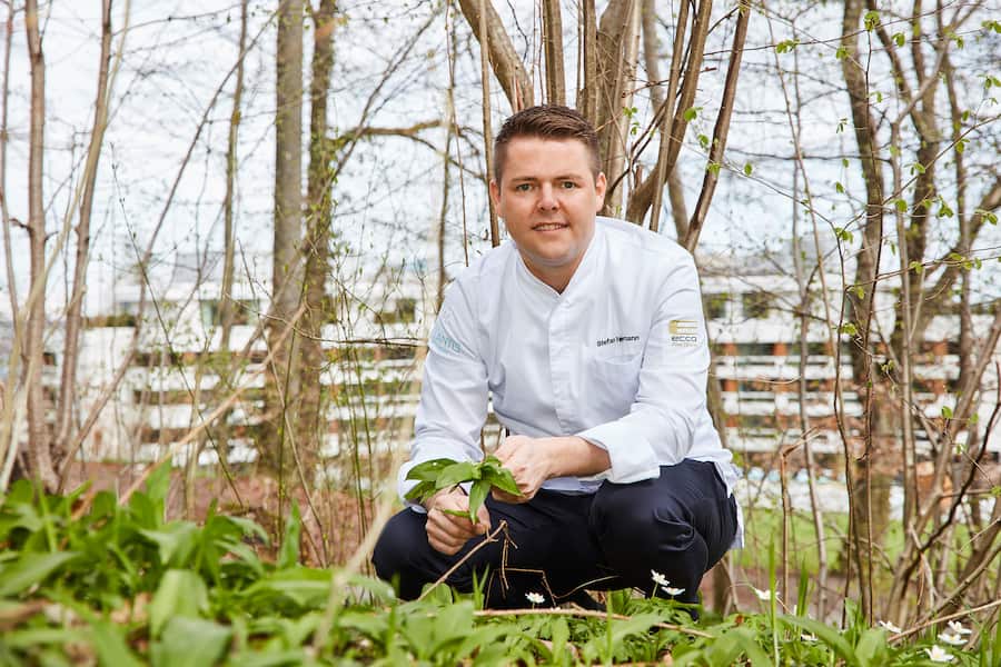 Stefan Heilemann pflueckt Baerlauch im Wald hinter dem Restaurant. Gault Millau zu Gast bei Stefan Heilemann, Ecco in Zürich, 12.04.2018, Foto Lucian Hunziker