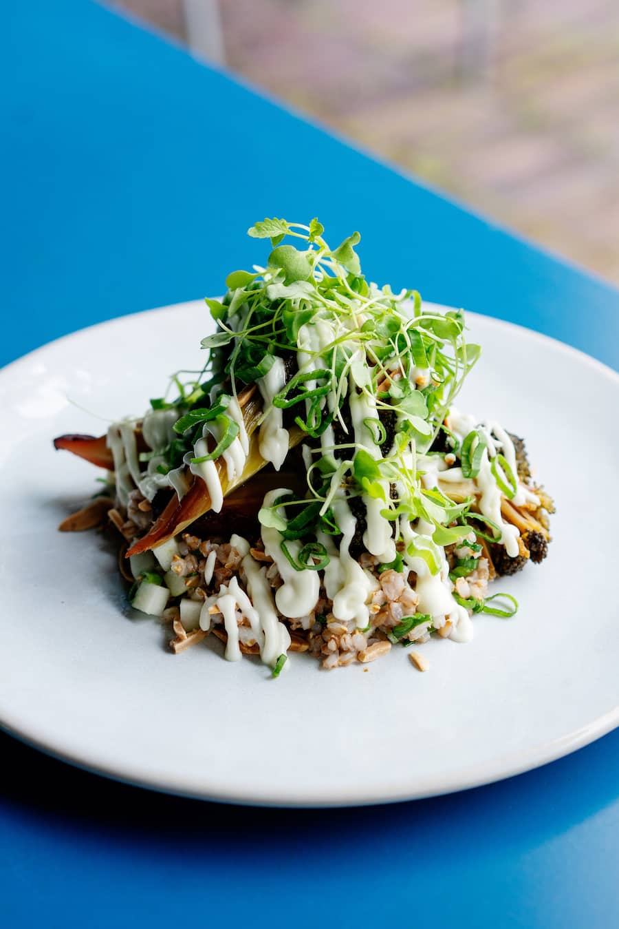 Grillierter Brokkoli, veganes Essen im Restaurant Blau Zurich im Hotel Greulich