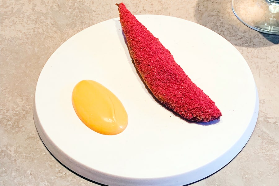 Fried Plantain with raspberry salt and smoked scotch bonnet Restaurant Ikoyi in London