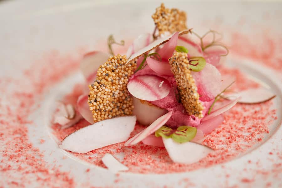 Marcu G. Lindner, Chef im Bellevue Gstaad,, Foofd: Jakobsmuschel, Rote Beete / Rande, Amaranth, Kokosnusss, 01.10.2018, Foto Lucian Hunziker