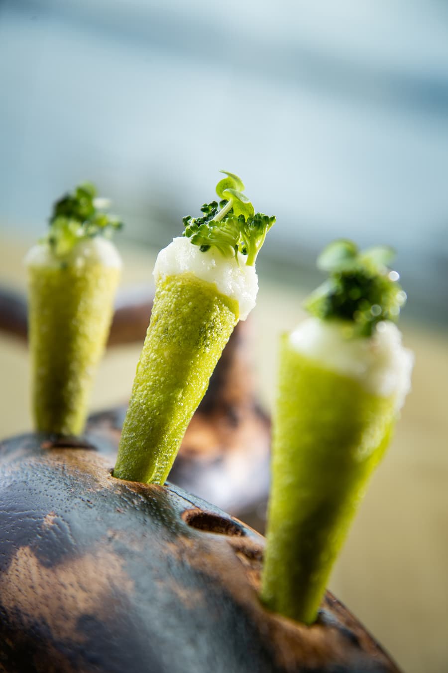 Jeroen Achtien 2021:Broccoli-Cornet, Püree, Joghurt, Ingwer und grüner Spargel, klares Kohlrabi-Broccoli-Eis