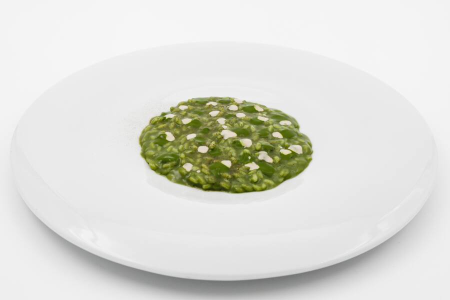 Signature Dish 1: Risotto mit Tomatenwasser und Basilikum.