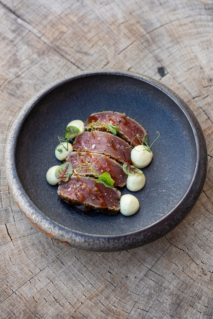 Kulm Country Club, Küchenchef Daniel Müller, Tuna Tataki, Soya Wasabi Mayo, Marinierte, karamelisierte Shitake, Asia Vinaigrette