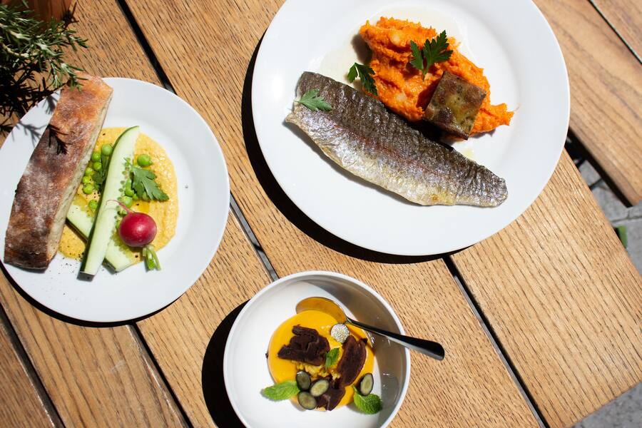 Regenbogenforelle mit "No Waste"-Brotknödel, Hummus mit Erbsen und eine Mangocreme. 10.06.2022. Buvette Alti Liebi. Sdney Karolewski
