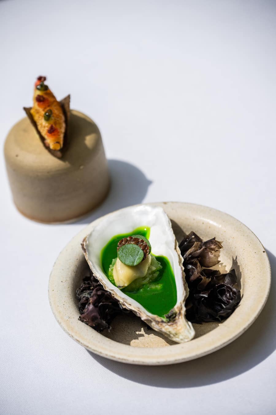 Guy Ravet, Tobias Funke kochen für Mercedes-Benz 2022: Auster, Kopfsalat, Kohlrabi, Apfel. Carabinero, Nostrano-Gurken-Croissant 4-Hands Dinner in Kollaboration mit Mercedes Benz mit Guy Ravet und Tobias Funke im Signau House & Garden in Zürich.Â