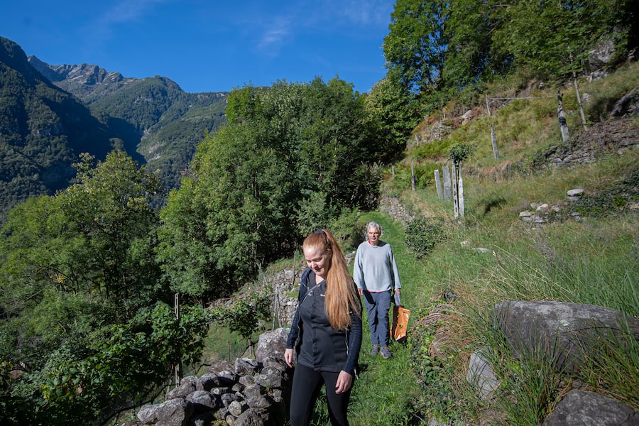 Someo: la cuoca Maire Robert incontra cuoco Pietro Leemann. Nella foto Marie Robert e Pietro Leemann mentre camminano nei boschi.© Ti-Press / Pablo Gianinazzi