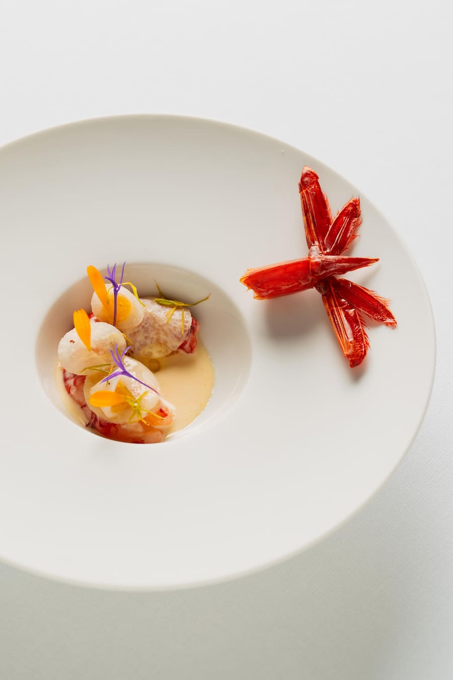 Carabinero "Lauwarm", Creme, Tannenwipfel, Navetten - Le Restaurant - Villa René Lalique, Frankreich - Küchenchef Paul Stradner - 30. Mai 2022 - Copyright Olivia Pulver