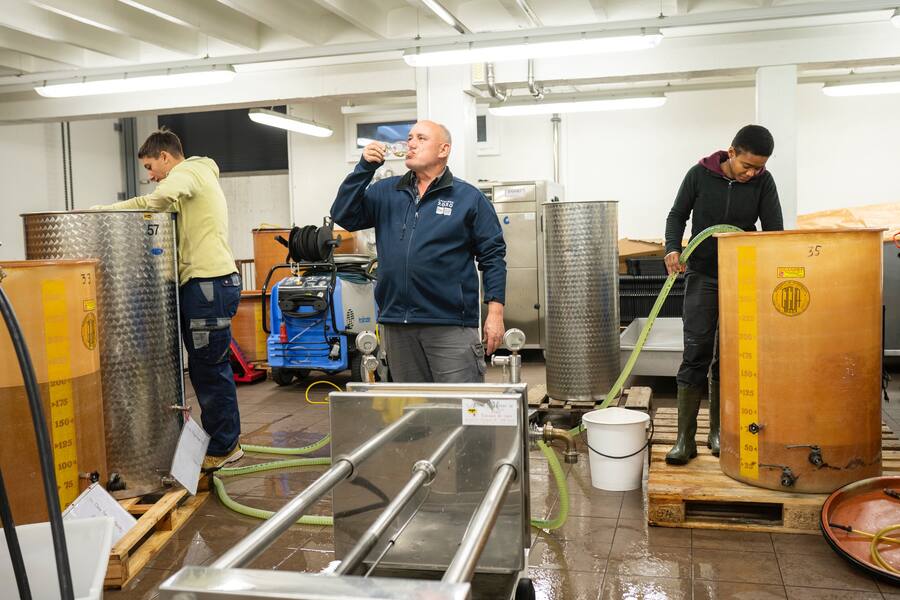 Adeline Mayor, Vigneronne, Vevey, Vater Jean-Philippe (m) am Kredenzen, Lehrtochter Denise am Schlauch halten (r), Adeline (l)